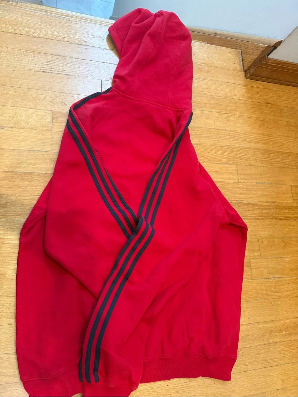 adidas Red Men’s Hooded Sweatshirt with Black Stripe Accents